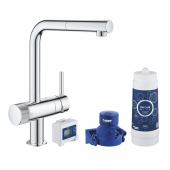Смеситель для кухни GROHE Blue Pure Minta, без электроники с L-образным выдвижным изливом, для подачи смешанной и фильтрованной воды, с головкой для фильтра и счетчиком, хром (30382000) — фото, характеристики, купить в CLIMBO