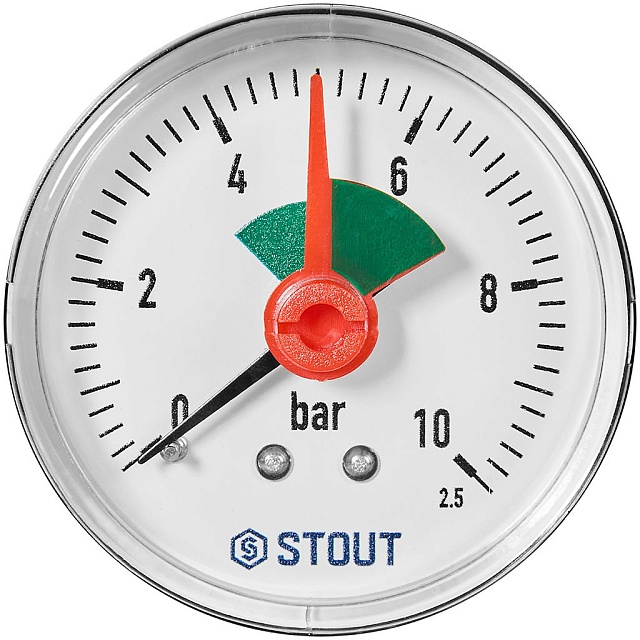 Манометр аксиальный STOUT с указателем предела, корпус Dn 50 мм 1/4 , 0…10 бар, кл.2.5 — фото, характеристики
