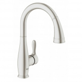Смеситель для кухни однорычажный GROHE Parkfield с выдвижной лейкой, C-образный излив, суперсталь (30215DC1) — фото, характеристики, купить в CLIMBO