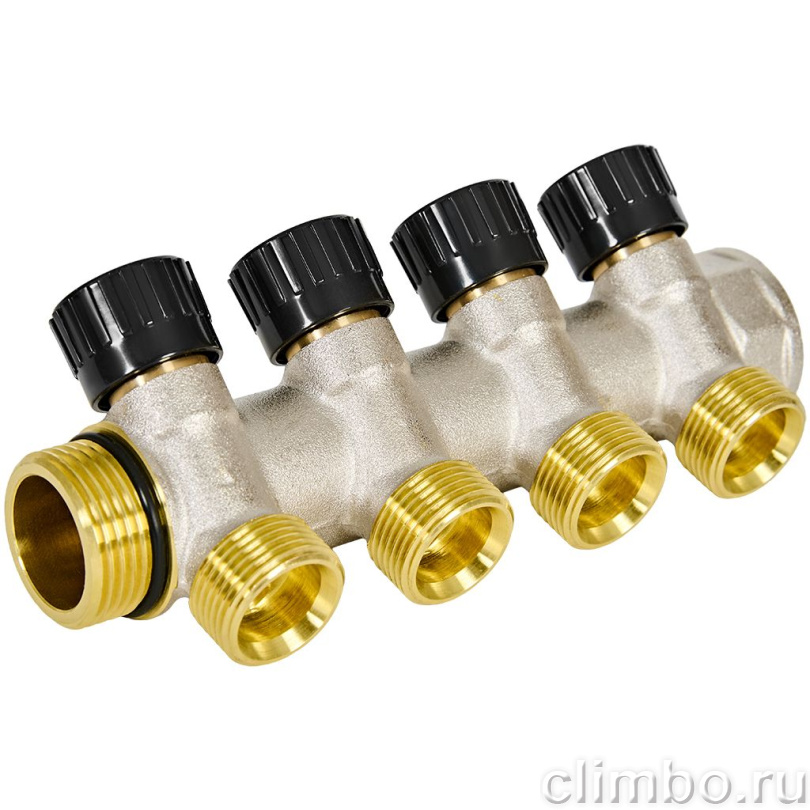 Коллектор распределительный ROMMER RMB-0014 с запорными клапанами, с отводами под 135, подключение 1, 4 отвода 3/4 ЕК — фото, детали конструкции