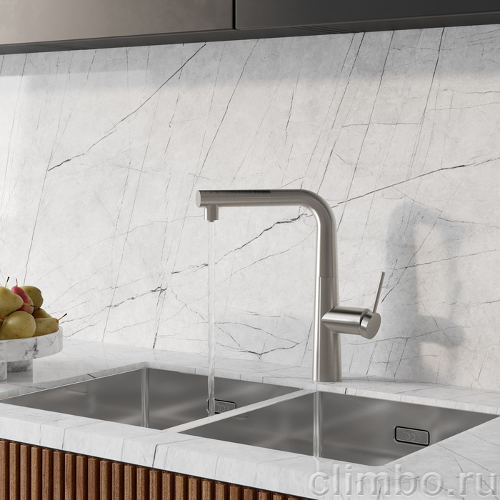 Смеситель для кухни с фильтром и выдвижным изливом, сатин, Pure, IDDIS — фото товара