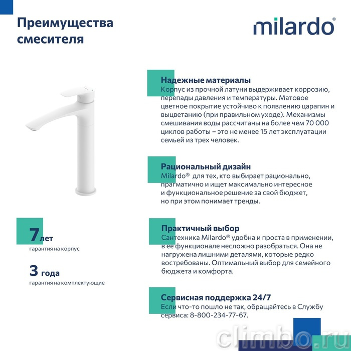 Смеситель для настольного  умывальника, белый матовый, Rora, Milardo, RORWT01M01 — фото товара
