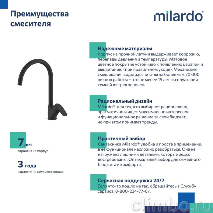 Смеситель для кухни, черный матовый, Rora, Milardo, RORBL0JM05 — фото товара
