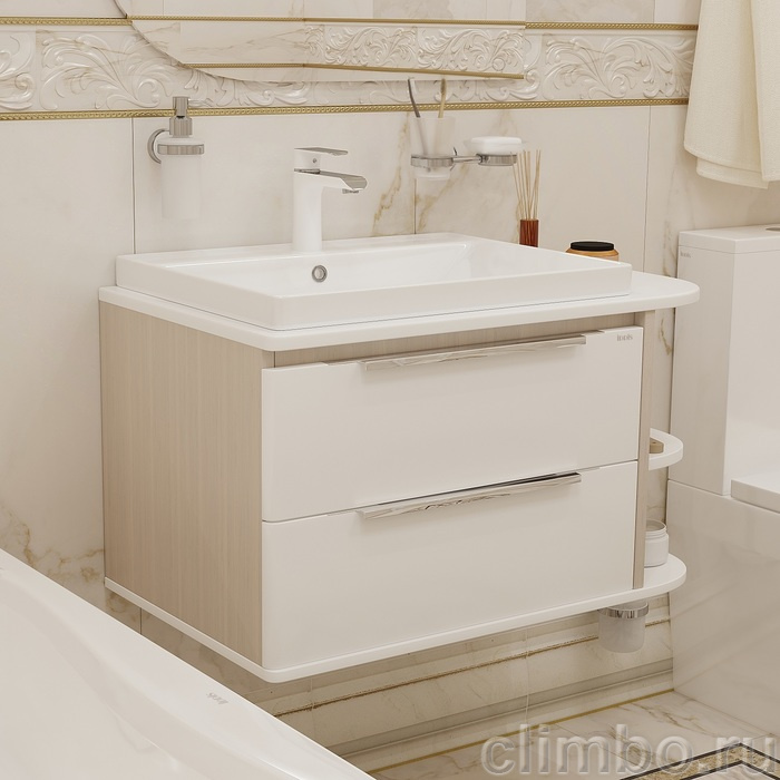 Тумба подвесная, 80 см, полки справа, белая/под дерево, Calipso, IDDIS, CAL80WRi95. Подходит умывальник 0066000i28 — фото товара