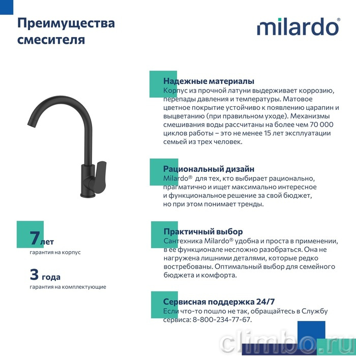 Смеситель для кухни, черный матовый, Meal, Milardo, M01BLJ0M05 — фото товара