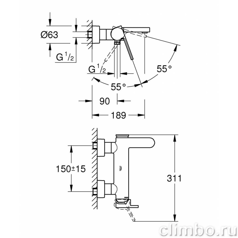 Смеситель для ванны GROHE Plus, настенный монтаж, 1/2? (33553003) — фото товара