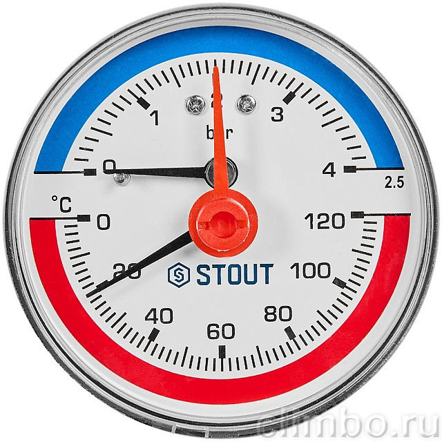 Термоманометр аксиальный STOUT в комплекте с автоматическим запорным клапаном, корпус Dn 63 мм 1/2 , 0...120°C, 0-4 бар — фото, детали конструкции