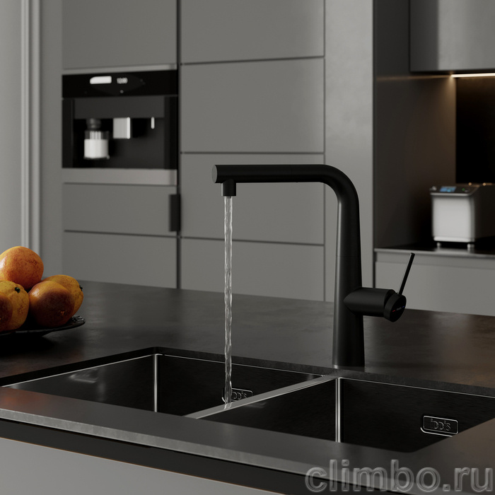 Смеситель для кухни с каналом для фильтрованной воды и выдвижным изливом, черный матовый, Пьюр (Pure), IDDIS, PURBLPFi05N — фото, детали конструкции