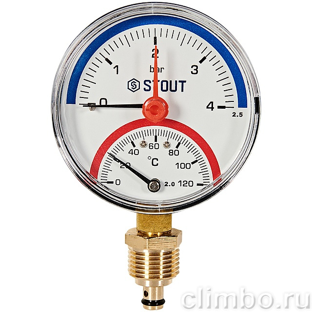 Термоманометр радиальный STOUT в комплекте с автоматическим запорным клапаном, корпус Dn 80 мм 1/2 , 0...120°C, 0-4 бар — фото, детали конструкции