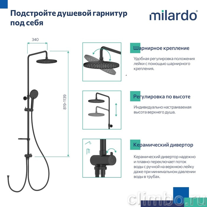 Душевой гарнитур с тропической лейкой, черный матовый, Ideal Spa, Milardo — фото товара