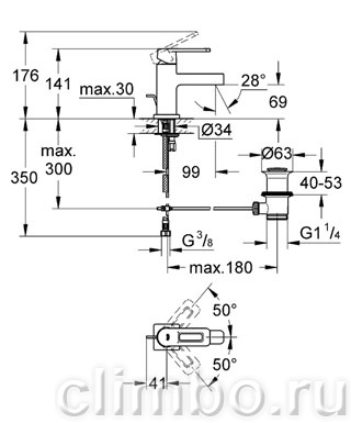Смеситель для раковины GROHE Quadra с донным клапаном, уменьшенный, 32632000 — фото товара