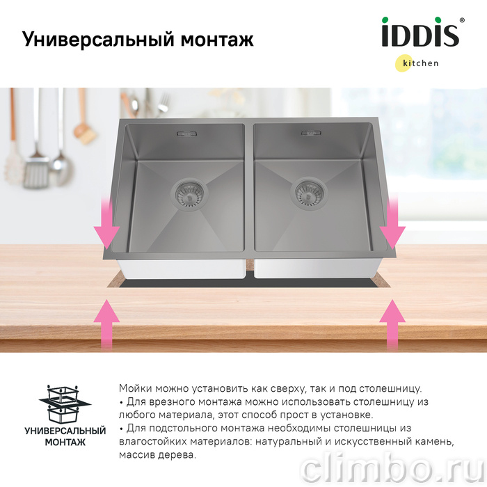 Мойка, нерж.сталь, универсального монтажа, графит, 745*440,  Edifice, IDDIS — фото товара
