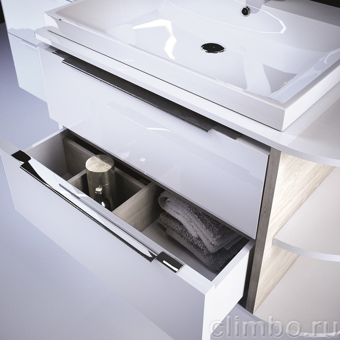 Тумба подвесная, 80 см, полки справа, белая/под дерево, Calipso, IDDIS, CAL80WRi95. Подходит умывальник 0066000i28 — фото товара