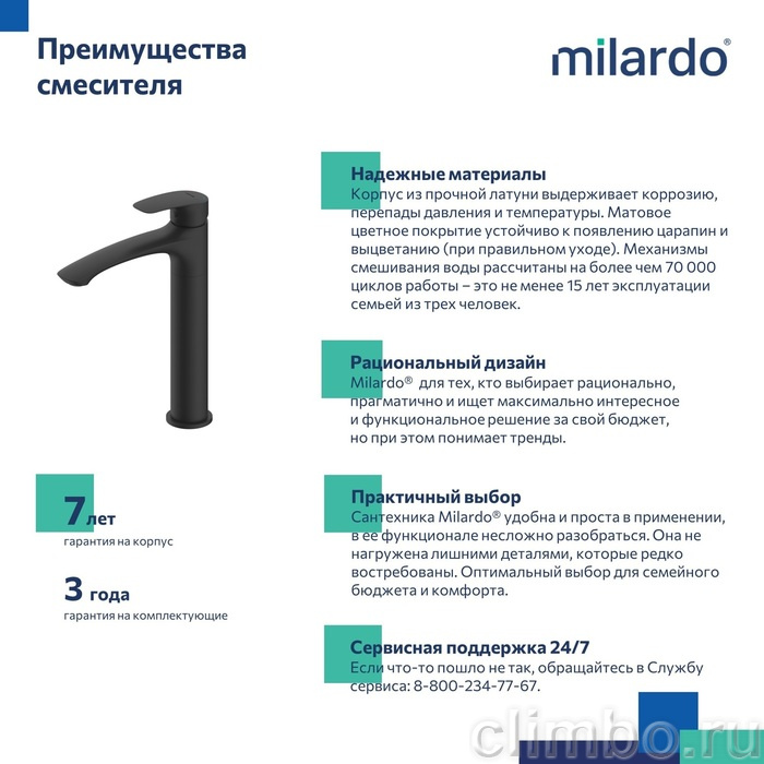 Смеситель для настольного  умывальника, черный матовый, Rora, Milardo, RORBL01M01 — фото товара