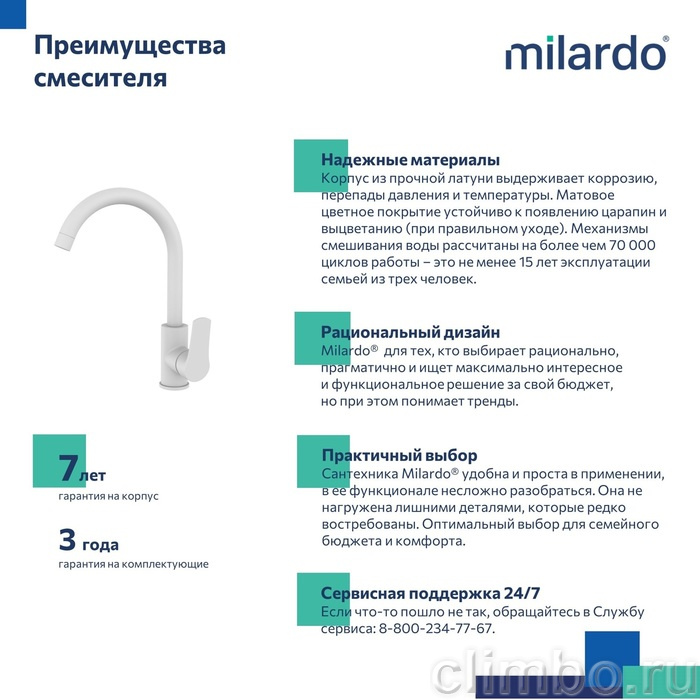 Смеситель для кухни, белый матовый, Meal, Milardo, M01WTJ0M05 — фото товара