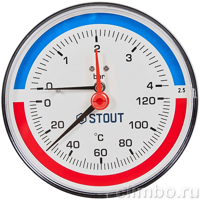Термоманометр аксиальный STOUT в комплекте с автоматическим запорным клапаном, корпус Dn 100 мм 1/2 , 0...120°C, 0-4 бар — фото, детали конструкции