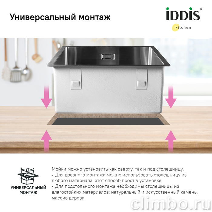 Мойка, нерж.сталь, универсального монтажа, графит, 440*440,  Edifice, IDDIS — фото товара