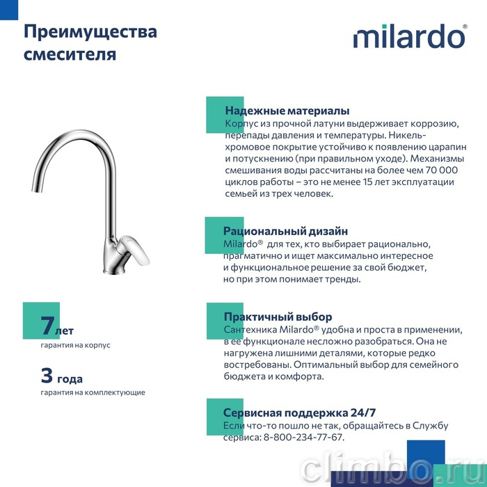 Смеситель для кухни, глянцевый хром, Rora, Milardo, RORSB0JM05 — фото товара