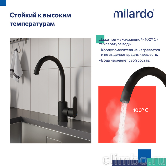 Смеситель для кухни, черный матовый, Poli, Milardo, POLBLJ0M05 — фото товара