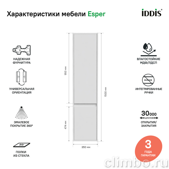 Пенал подвесной, 35 см, Esper, белый, IDDIS — фото товара